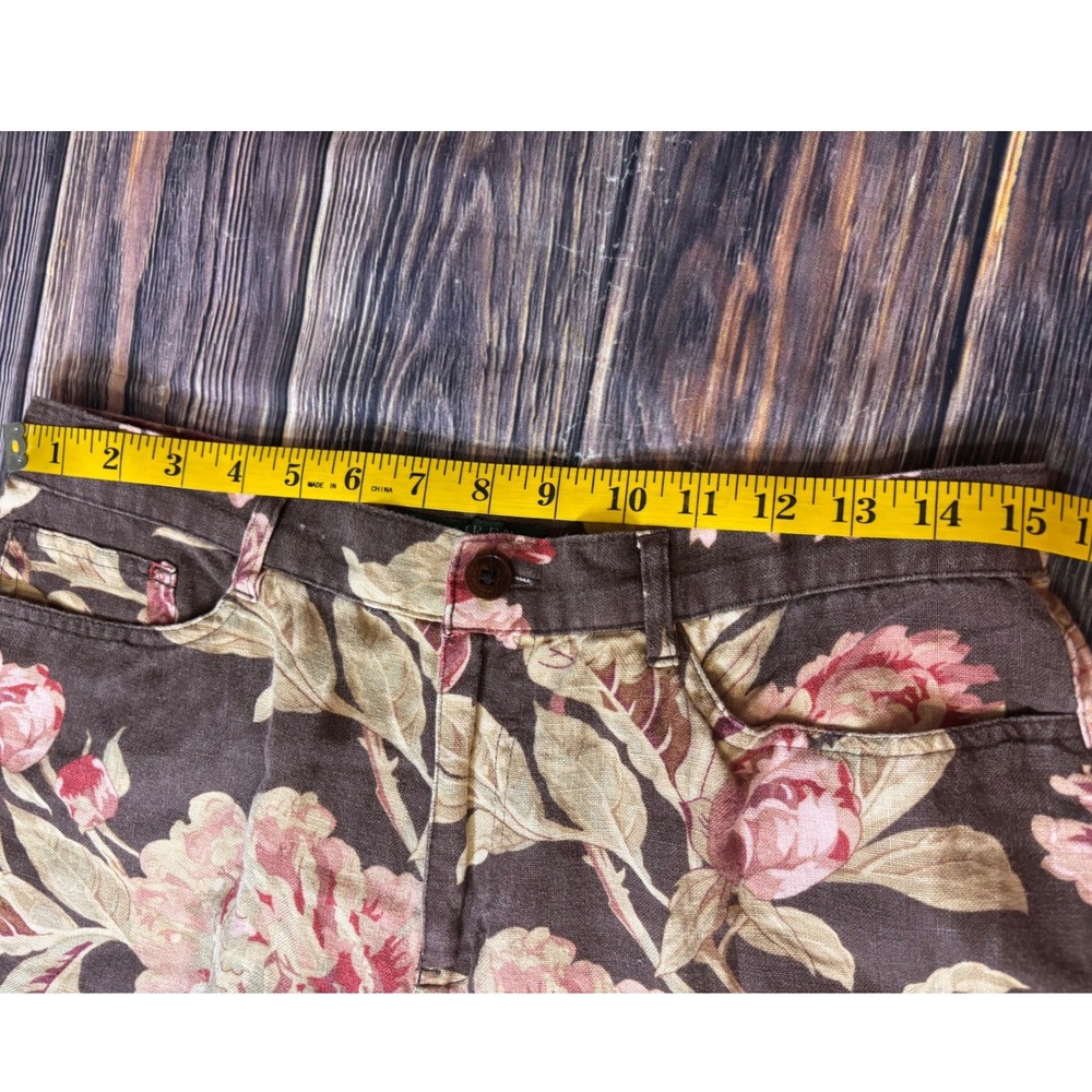 Lauren Ralph Lauren Linen Pants Womens 10 Brown Pink Floral High Rise Straight - Picture 8 of 13